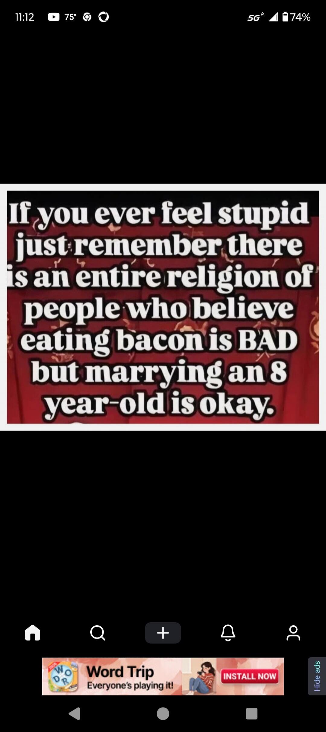 If you ever feel stupid just remember there is an entire religion of people who believe eating bacon is BAD but marrying an 8 year-old is okay.