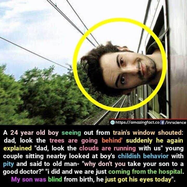 N Sy A 24 year old boy seeing out from trains window shouted dad look the trees are going suddenly he again explained dad look the clouds are running with us young couple sitting nearby looked at boys childish behavior with pity and said to old man why dont you take your son to a good doctori did and we are just coming from the hospital My son was blind from birth he just got his eyes today