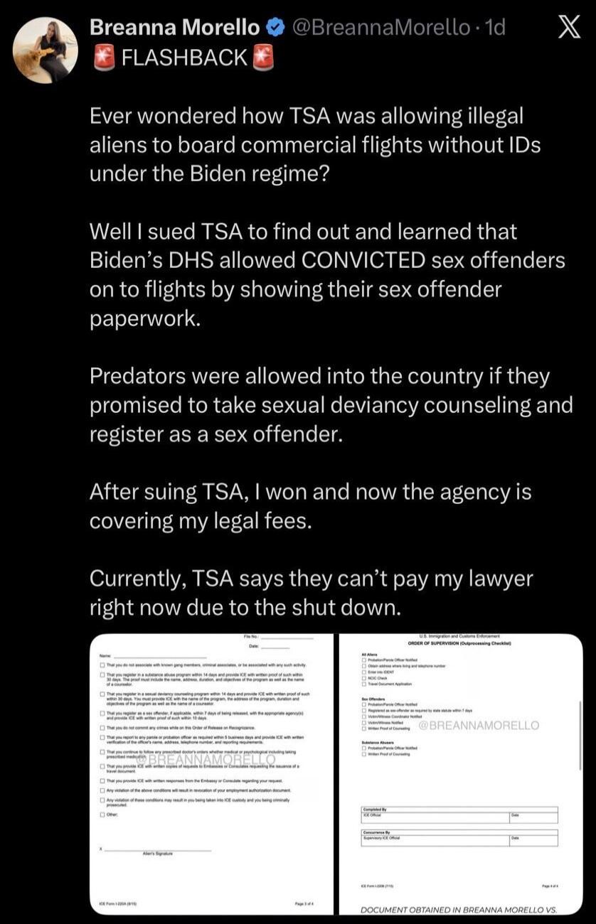 Ever wondered how TSA was allowing illegal aliens to board commercial flights without IDs under the Biden regime?
Well I sued TSA to find out and learned that Biden's DHS allowed CONVICTED sex offenders on to flights by showing their sex offender paperwork.
Predators were allowed into the country if they promised to take sexual deviancy counseling 