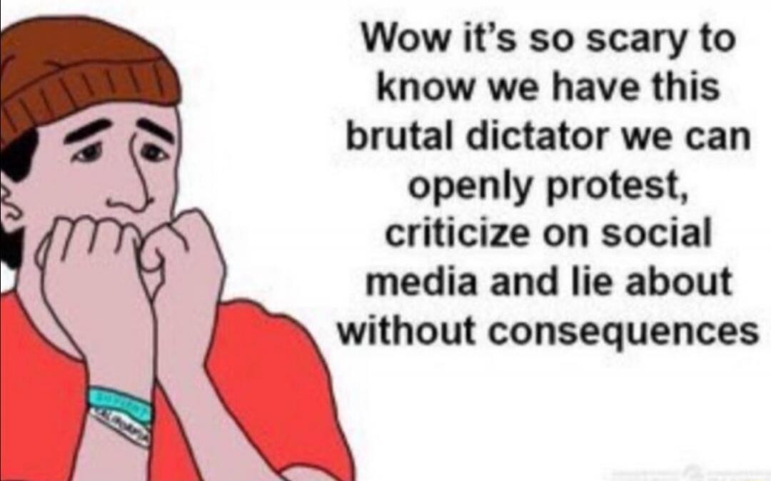 Wow it's so scary to know we have this brutal dictator we can openly protest, criticize on social media and lie about without consequences
