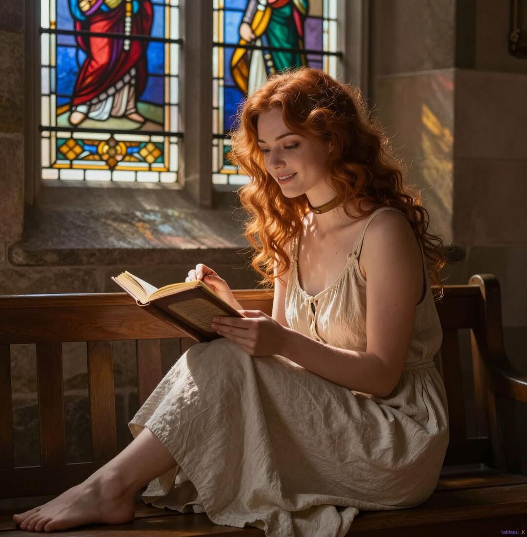 A young woman with long, curly red hair is sitting on a wooden bench in front of a stained-glass window. She is wearing a light-colored dress and is holding an open book, which she is reading with a smile. The sunlight streams through the window, casting colorful patterns on the wall and the woman.