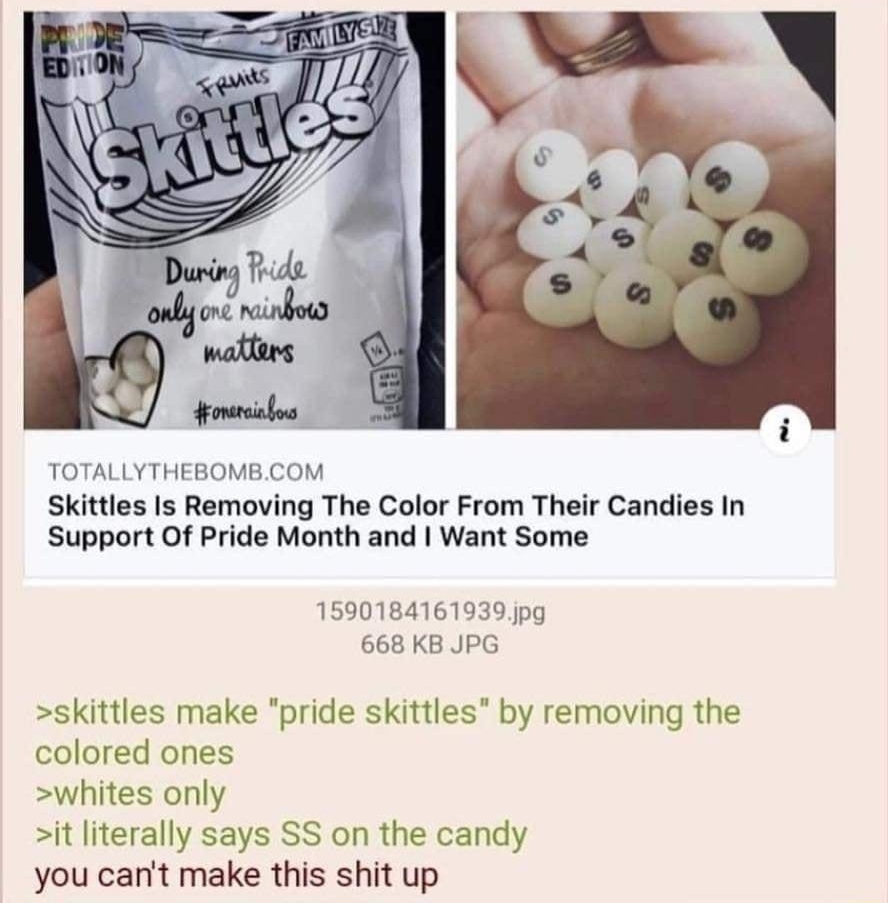 TOTALLYTHEBOMBCOM Skittles Is Removing The Color From Their Candies In Support Of Pride Month and Want Some 1590184161939jpg 668 KB JPG skittles make pride skittles by removing the colored ones whites only it literally says SS on the candy you cant make this shit up