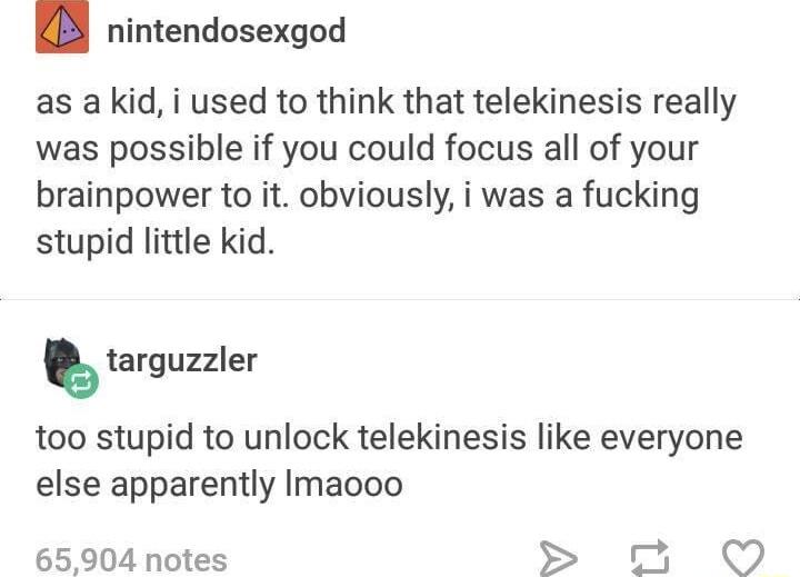 nintendosexgod as a kid i used to think that telekinesis really was possible if you could focus all of your brainpower to it obviously i was a fucking stupid little kid targuzzler too stupid to unlock telekinesis like everyone else apparently Imaooo 65904 notes S o O