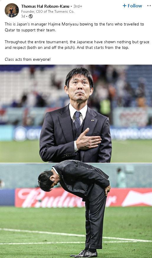 gmmmlhl Robson Kanu Follow This is Japans manager Hajime Moriyasu bowing to the fans who travelled to Qatar to support their team Throughout the entire tournament the Japanese have shown nothing but grace and respect both on and off the pitch And that starts from the top Class acts from everyone