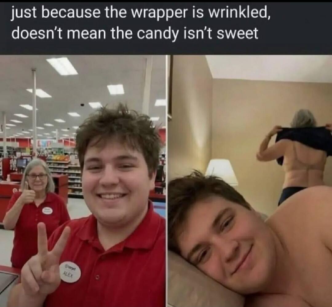 just because the wrapper is wrinkled, doesn't mean the candy isn't sweet. A young man named Alex takes a selfie with an older woman in a Target store. Later, the same young man is in bed, smiling, while the older woman is seen from behind, taking off her shirt, revealing her bra and lower back.