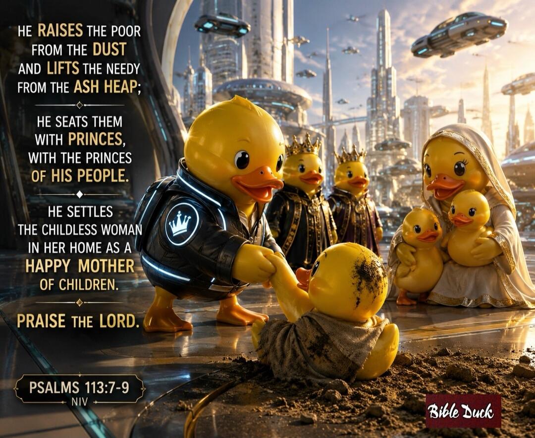 HE RAISES THE POOR FROM THE DUST AND LIFTS THE NEEDY FROM THE ASH HEAP; HE SEATS THEM WITH PRINCES, WITH THE PRINCES OF HIS PEOPLE. HE SETTLES THE CHILDLESS WOMAN IN HER HOME AS A HAPPY MOTHER OF CHILDREN. PRAISE THE LORD. PSALMS 113:7-9 NIV Bible Duck