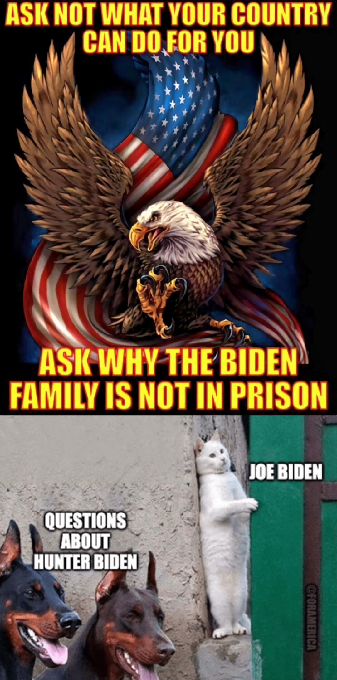 ASK NOT WHAT YOUR COUNTRY CAN DO FOR YOU
ASK WHY THE BIDEN FAMILY IS NOT IN PRISON
JOE BIDEN
QUESTIONS ABOUT HUNTER BIDEN