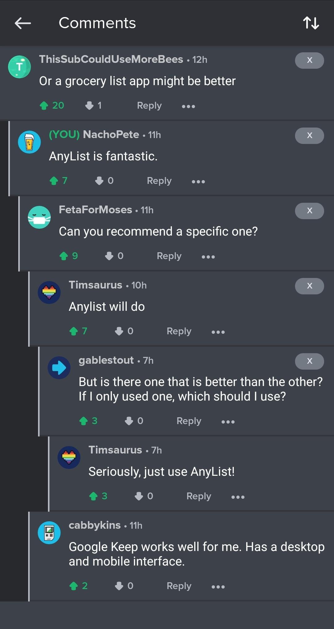Comments N ThisSubCouldUseMoreBees 12h X O W oTel1gVAIIS To sMaql o Al oT WoLolu LTy o 1 Reply eee 3 YOU NachoPete 11h X AnyList is fantastic 7 0 Reply YY FetaForMoses 11h X Can you recommend a specific one 0 Reply eoe Timsaurus 10h X L Anylist will do Vi 0 Reply eoe gablestout 7h X But is there one that is better than the other l eTa1AIUTTo W TWRNY o Tl o Y o Lol V W RVISY YS 3 0 Reply YY Timsaur