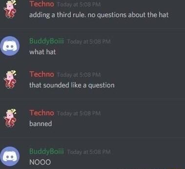 Techno adding a third rule no questions about the hat J Techno that sounded like a question Techno banned eele