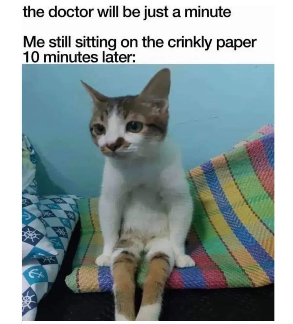 the doctor will be just a minute Me still sitting on the crinkly paper 10 minutes later