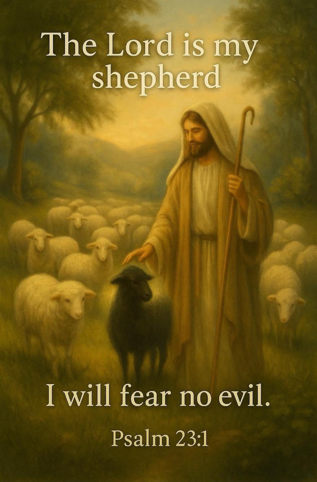 The Lord is my shepherd. I will fear no evil. Psalm 23:1