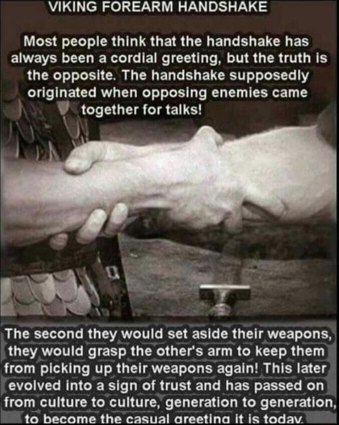 VIKING FOREARM HANDSHAKE LCE LN ER UL TS G EIR UGN EL L EL ETCE EEY ENEVER LR TG E R TEEN L NN S G TR GG R EY RULRCT L N G L EL G L E TGRS Y CUGTLEIEE RV EL TR L BT EERGET V together for talks QLG RGEANEIN LR S UL ER UG EITAVEET L BN they would grasp the others arm to keep them from picking up their weapons again This later evolved into a sign of trust and has passed on from culture to culture gen