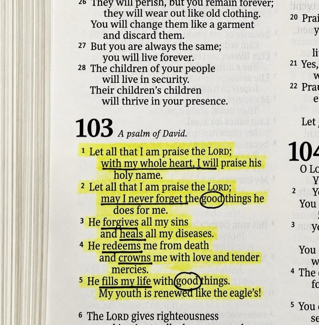 Psalm 103. A psalm of David. 1 Let all that I am praise the LORD; with my whole heart, I will praise his holy name. 2 Let all that I am praise the LORD; may I never forget the good things he does for me. 3 He forgives all my sins and heals all my diseases. 4 He redeems me from death and crowns me with love and tender mercies. 5 He fills my life wit