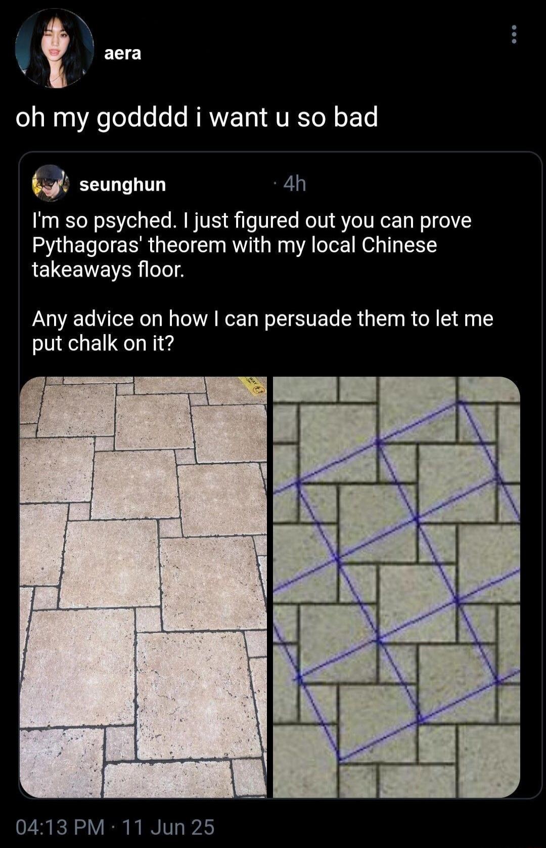 aera oh my godddd i want u so bad seunghun I'm so psyched. I just figured out you can prove Pythagoras' theorem with my local Chinese takeaways floor. Any advice on how I can persuade them to let me put chalk on it? 04:13 PM · 11 Jun 25