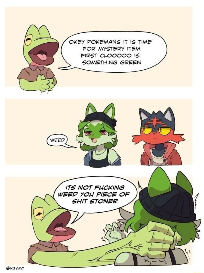 OKEY POKEMANS IT 1S TME FOR MYSTERY ITEM FIRST CLOOOOO 1 SOMETHING GREEN ITS NOT FLICKING WEED YOU PIECE OF SHIT STONER Srizy