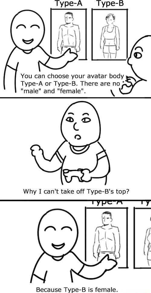 You can choose your avatar body Type A or Type B There are no male and female D C o Why I cant take off Type Bs top Because Type B is female
