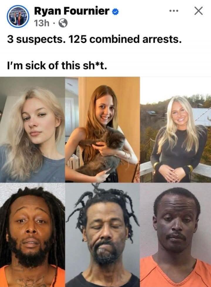 Ryan Fournier 3 suspects. 125 combined arrests. I’m sick of this sh*t.
