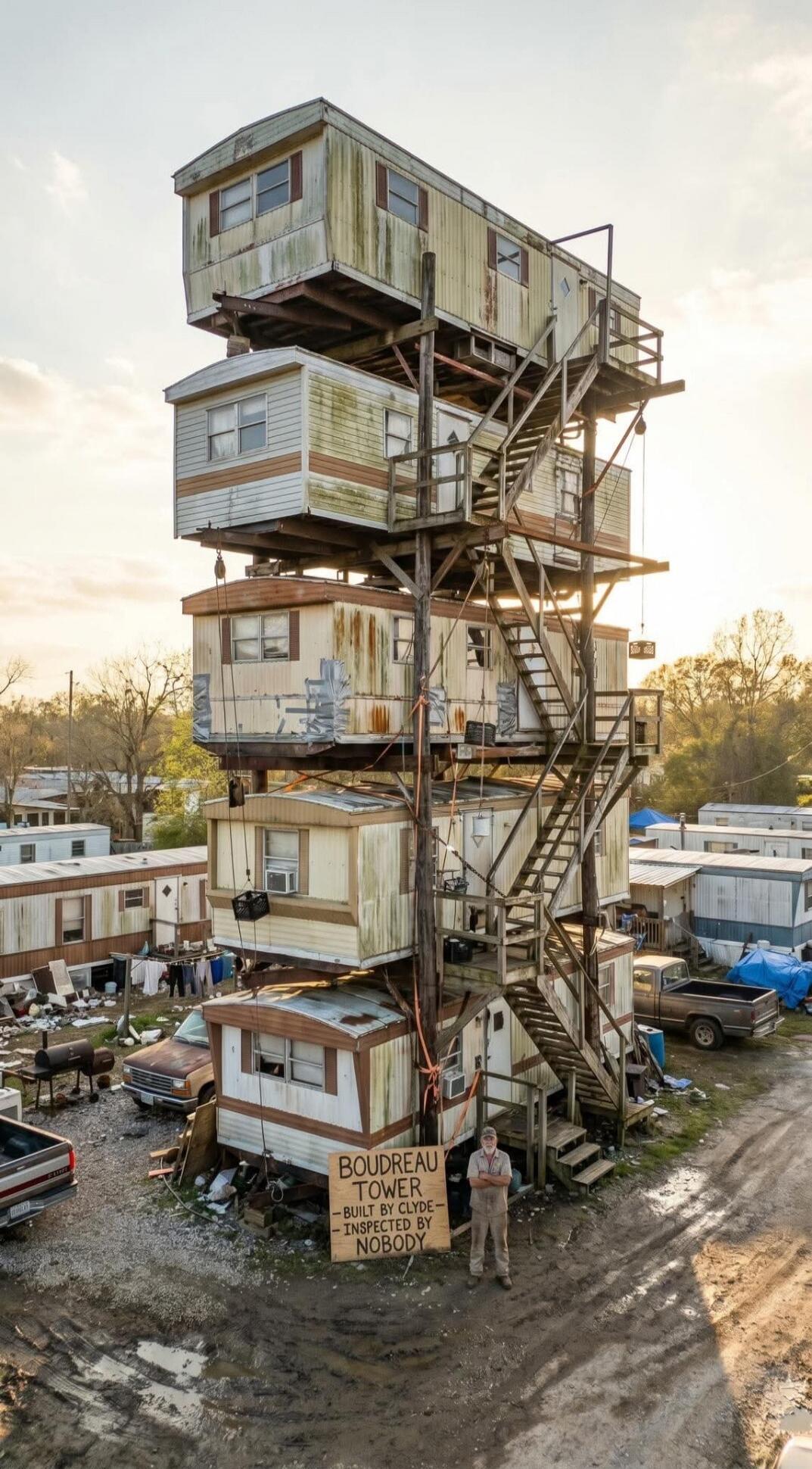 BOUDREAU TOWER - BUILT BY CLYDE - INSPECTED BY NOBODY. An incredibly tall, precarious structure made of several mobile homes stacked on top of each other, supported by wooden beams and stairs. A man stands proudly next to a sign at the base of this unique construction.