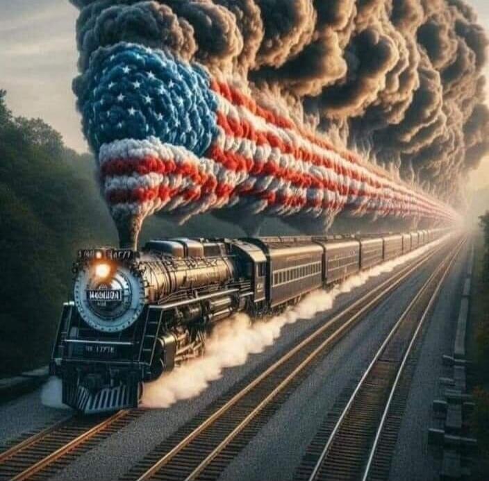 A vintage steam locomotive decorated with a large American flag along the smokestack, pulling a long passenger train as smoke forms a flag-like pattern.