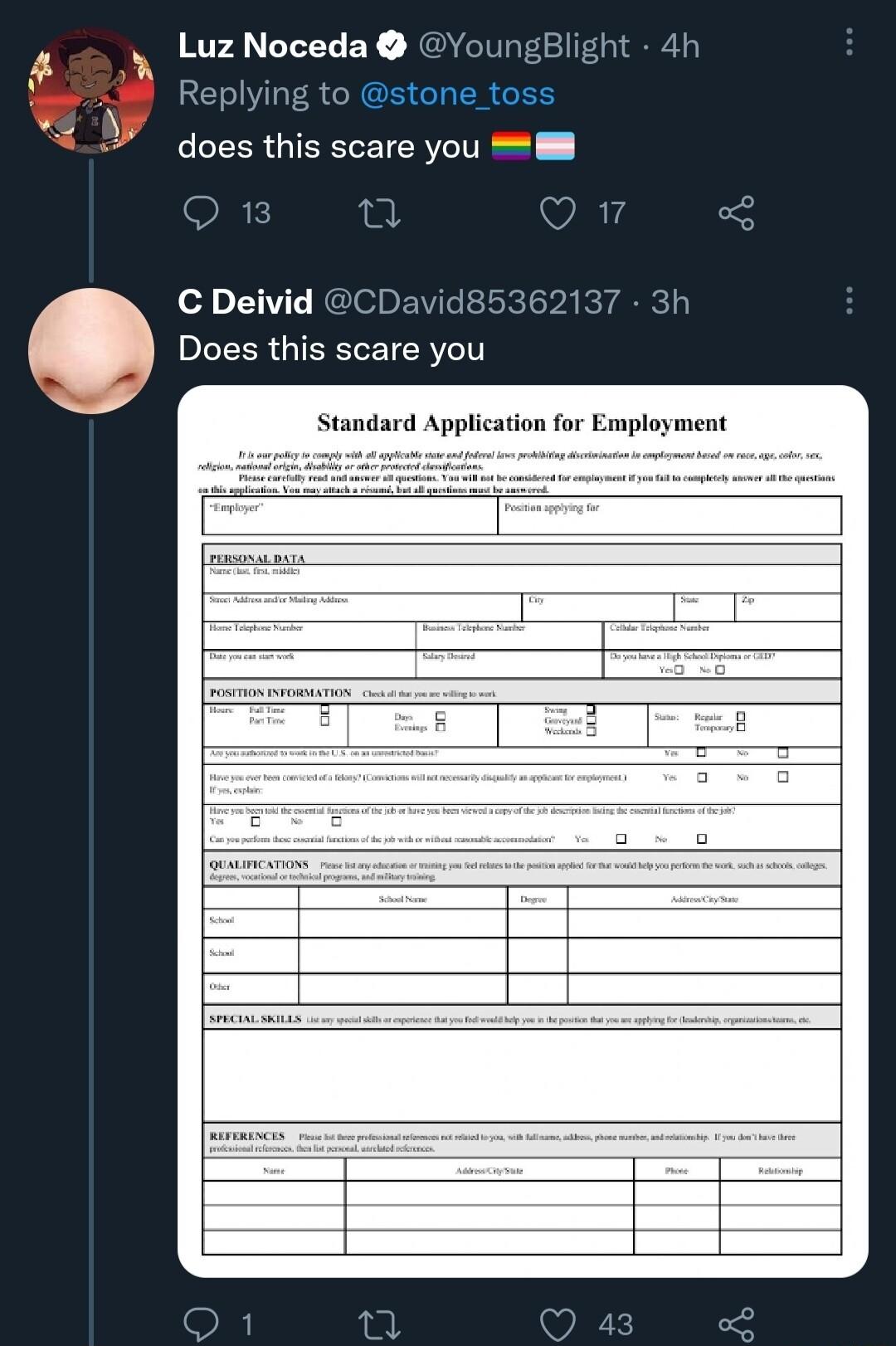 LuzNoceda b 3 Replyin to stone_toss CESRGIEELEIERT C Deivid CDavid85362137 3h Does this scare you Standard Application for Employment