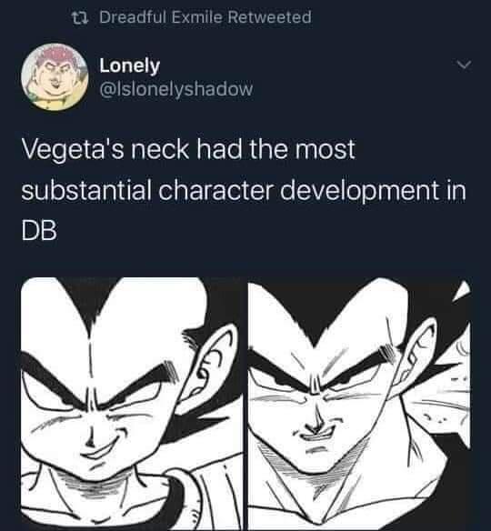 12 Dreadful Exmile Retweetec Lonely Islonelyshadow Vegetas neck had the most substantial character development in D3