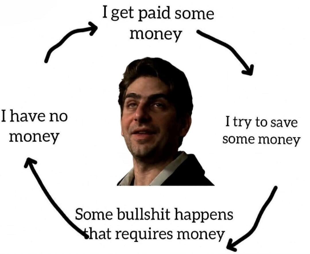 I get paid some money. I try to save some money. Some bullshit happens that requires money. I have no money.