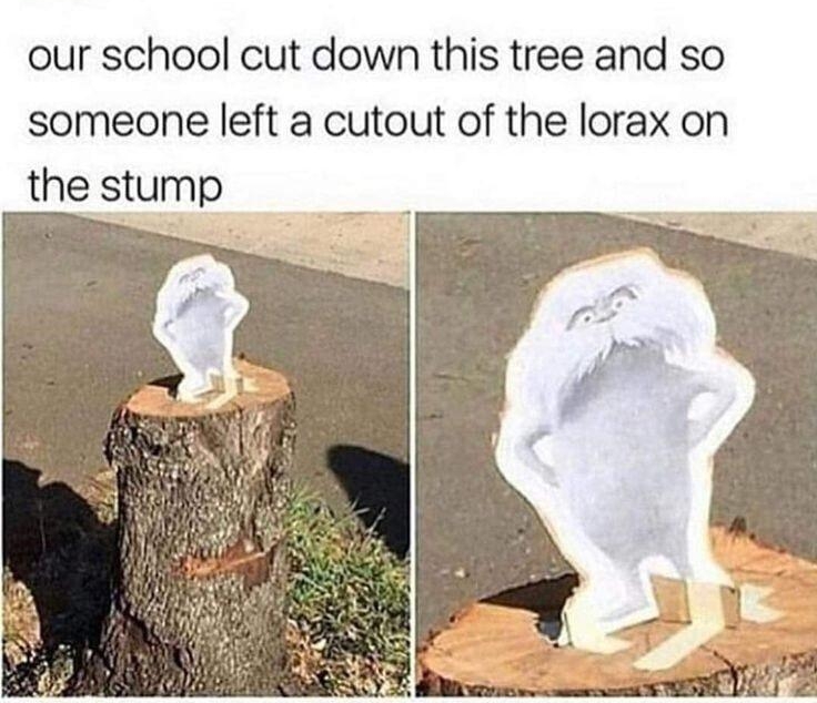 _ _hushedwhispers our school cut down this tree and so someone left a cutout of the lorax on the stump