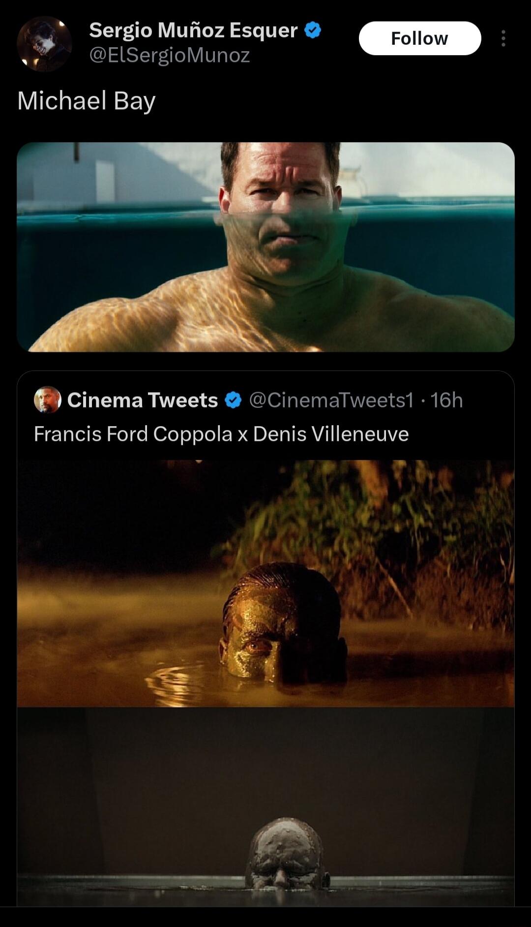 Sergio Mufioz Esquer Foll P ElSergioMunoz Michael Bay Cinema Tweets CinemaTweets1 16h Francis Ford Coppola x Denis Villeneuve R