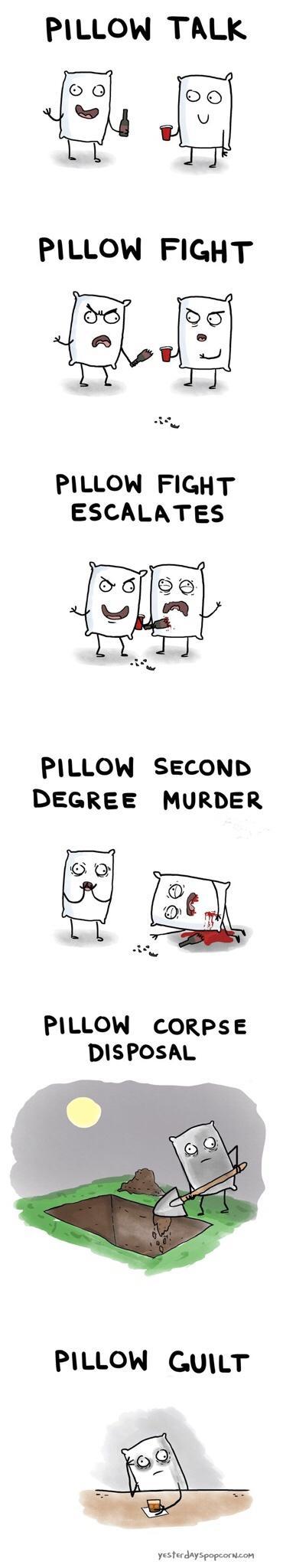 PILLOW TALK PILLOW FIGHT low PILLOW FIGHT ESCALATES cles il ey PILLOW SECOND DEGREE MURDER PILLOW CORPSE DISPOsAL