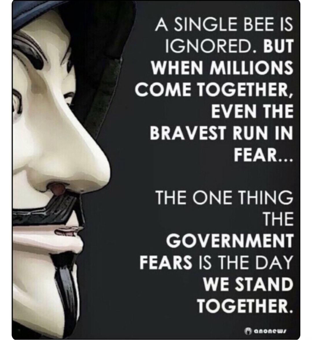 A SINGLE BEE IS IGNORED BUT WHEN MILLIONS o Jlelcl 18 EVEN THE BRAVEST RUN IN FEAR THE ONE THING THE GOVERNMENT FEARS IS THE DAY WE STAND TOGETHER