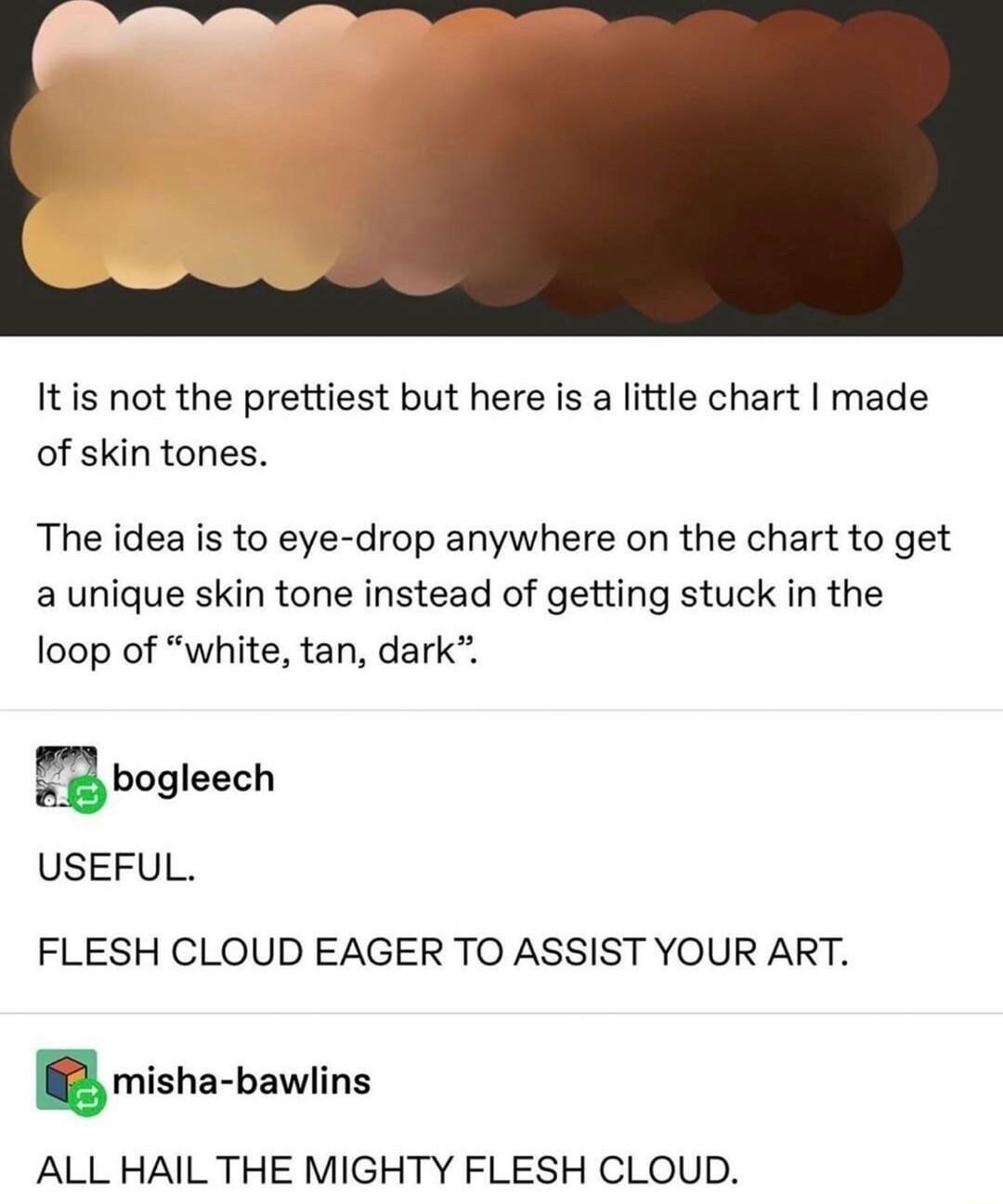It is not the prettiest but here is a little chart made of skin tones The idea is to eye drop anywhere on the chart to get a unique skin tone instead of getting stuck in the loop of white tan dark 8 bogleech USEFUL FLESH CLOUD EAGER TO ASSIST YOUR ART misha bawlins ALL HAIL THE MIGHTY FLESH CLOUD