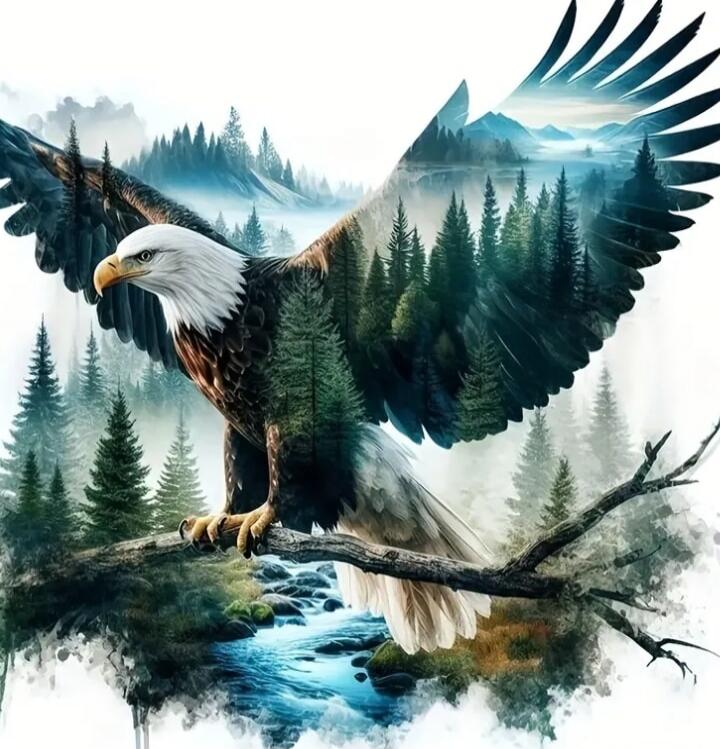 An eagle perched on a branch with wings spread, set against a forest and river scene.