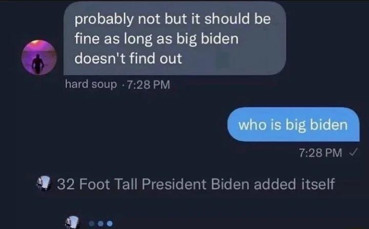 probably not but it should be fine as long as big biden r doesnt find out hard soup 728 PM 32 Foot Tall President Biden added itself P