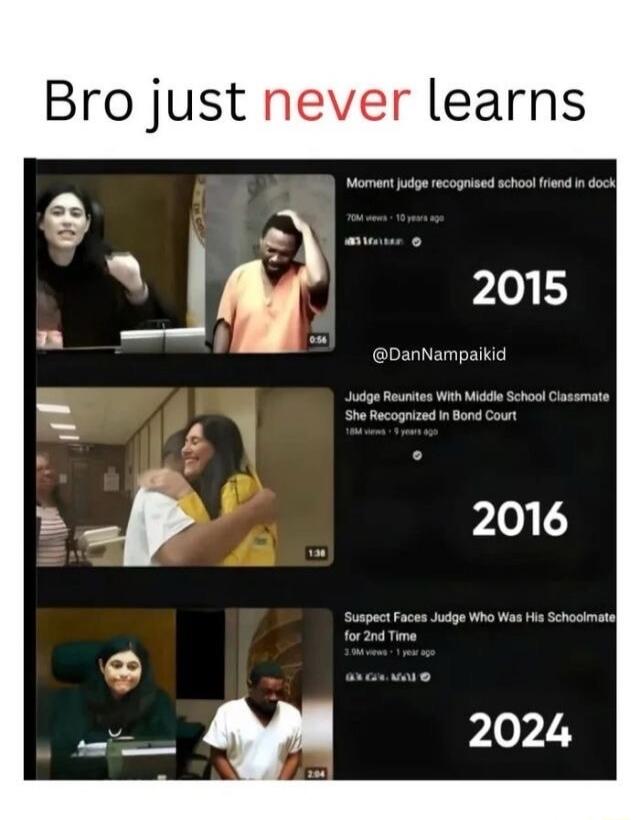 Bro just never learns. Moment judge recognised school friend in dock. 70M views 10 years ago. @DanNampaikid. 2015. Judge Reunites With Middle School Classmate She Recognized In Bond Court. 18M views 9 years ago. 2016. Suspect Faces Judge Who Was His Schoolmate for 2nd Time. 3.9M views 1 year ago. 2024.