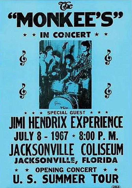 e MONKEES IN CONCERT T JMi HENDRIX EXPERIENCE JULY 8 1967 800 P M JACKSONVILLE COLISEUM JACKSONVYILLE FLORIDA OPENING CONCERT x U S SUMMER TOUR rrrrr