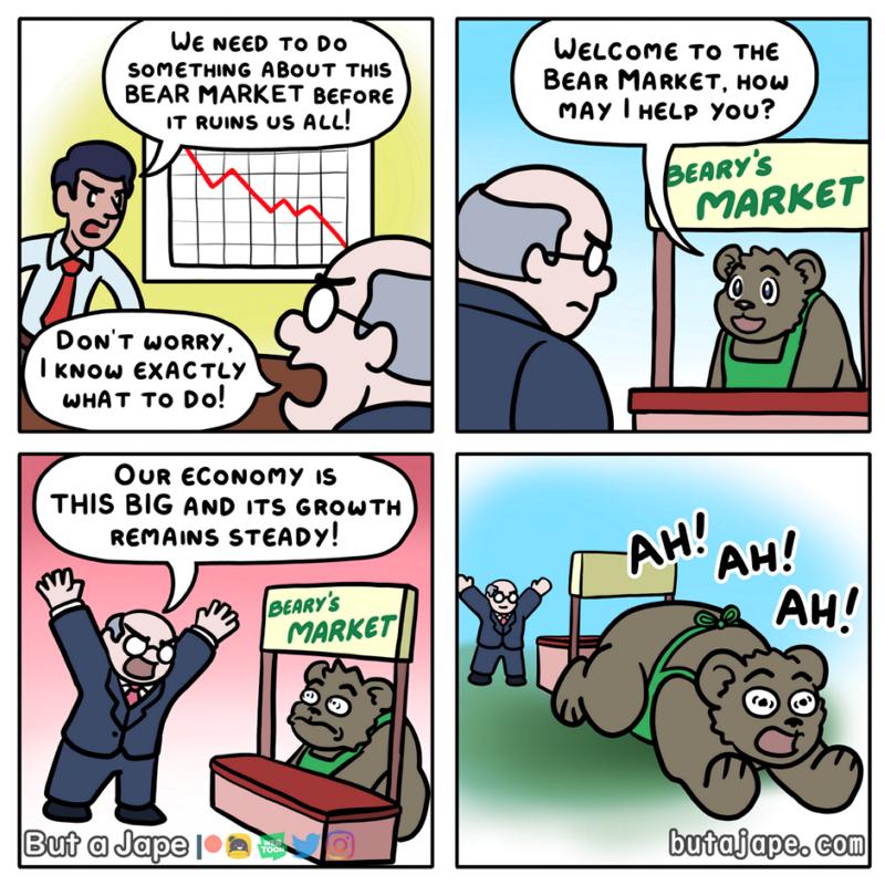Ue weed 7o do SOMETHING ABOUT ThiS BEAR MARKET BeFoRe i7 auis s ALt DowT woRRY 1 KNOW EXACTLY WHAT To Do WeLcome To THE BEAR MARKET How mAY HeLp you OuR ConoMY 15 THIS BIG AND ITS GROWTH REMAINS STEADY