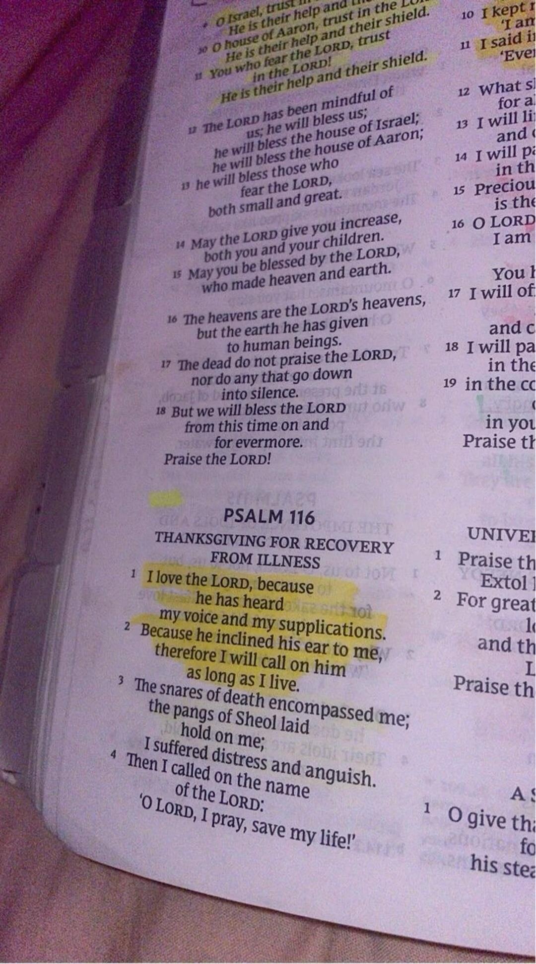 I love the LORD, because he has heard my voice and my supplications. Because he inclined his ear to me, therefore I will call on him as long as I live. PSALM 116. THANKSGIVING FOR RECOVERY FROM ILLNESS. The snares of death encompassed me; the pangs of Sheol laid hold on me; I suffered distress and anguish. Then I called on the name of the LORD: 'O 