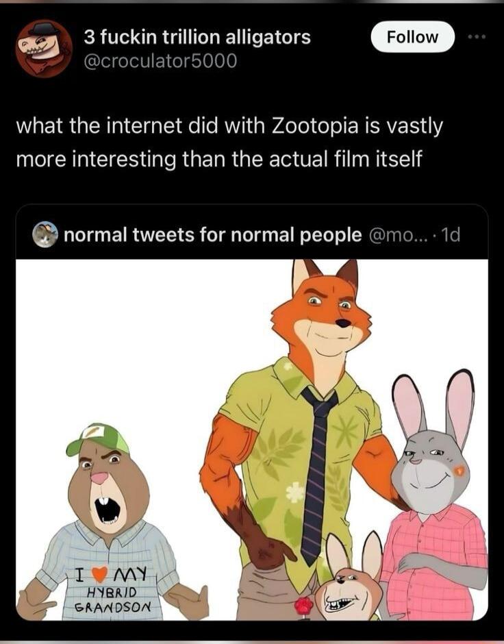 z 3 fuckin trillion alligators what the internet did with Zootopia is vastly N CIEN e RGERR G L Rl R G normal tweets for normal people TUMY HYBRID AADSON