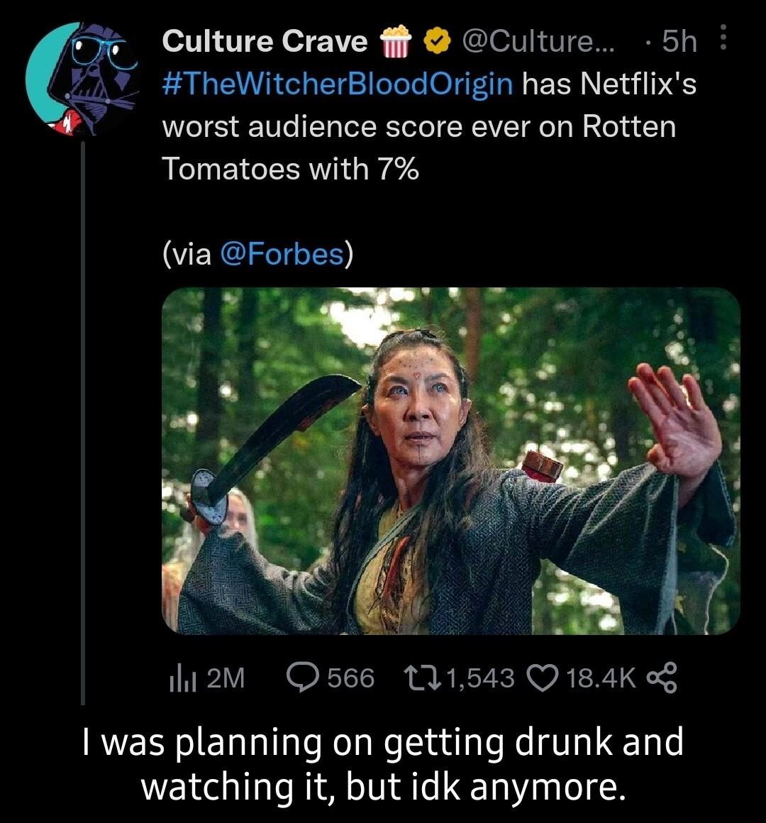 Culture Crave ft Culture 5h TheWitcherBloodOrigin has Netflixs worst audience score ever on Rotten RCIEICERTI G e ERCIEIEED Tl M hi2M Os66 111543 Q184K o I was planning on getting drunk and watching it but idk anymore