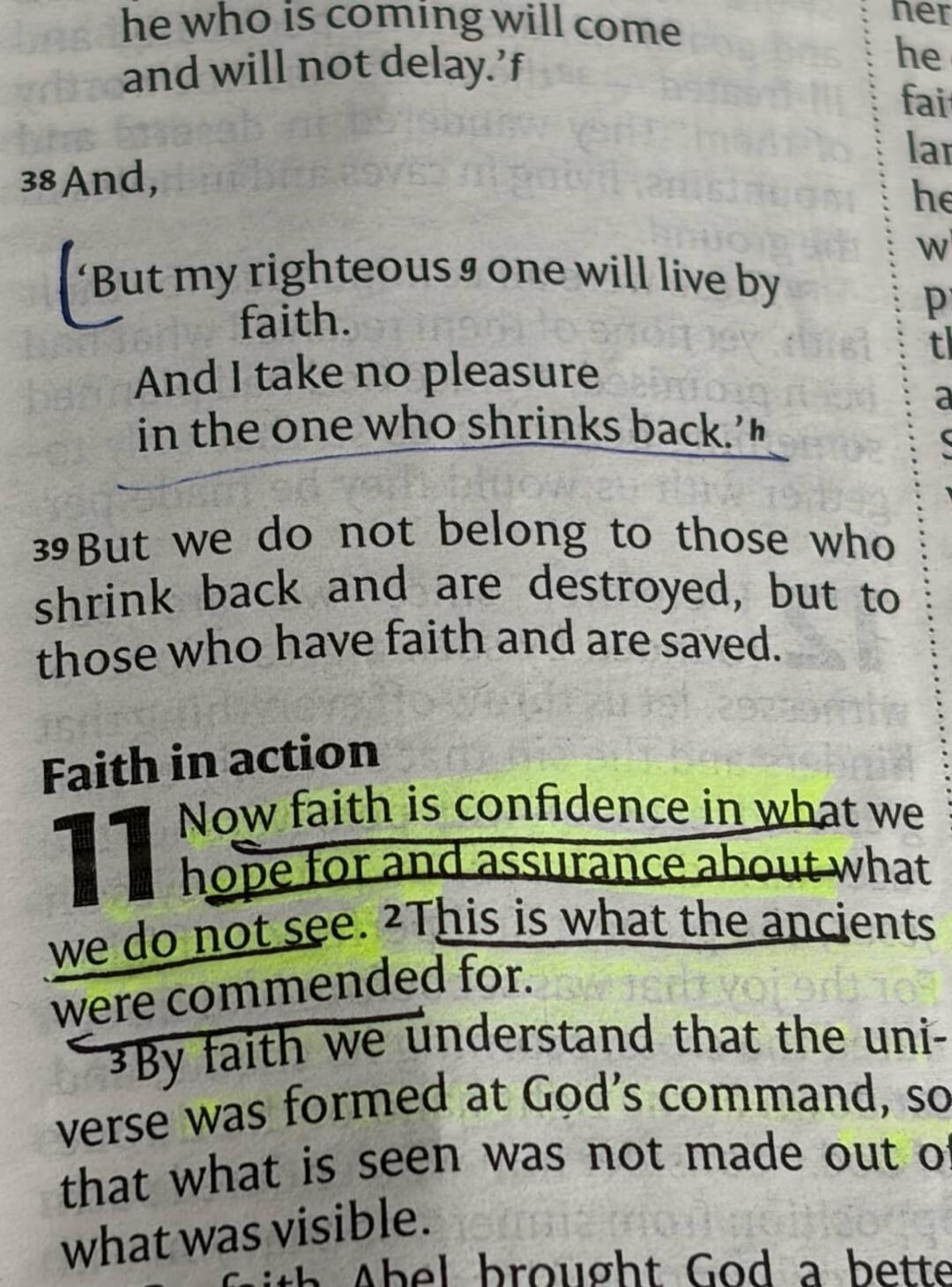 he who is coming will come and will not delay.'f 38 And, 'But my righteous one will live by faith. And I take no pleasure in the one who shrinks back.'h 39 But we do not belong to those who shrink back and are destroyed, but to those who have faith and are saved. Faith in action 11 Now faith is confidence in what we hope for and assurance about wha