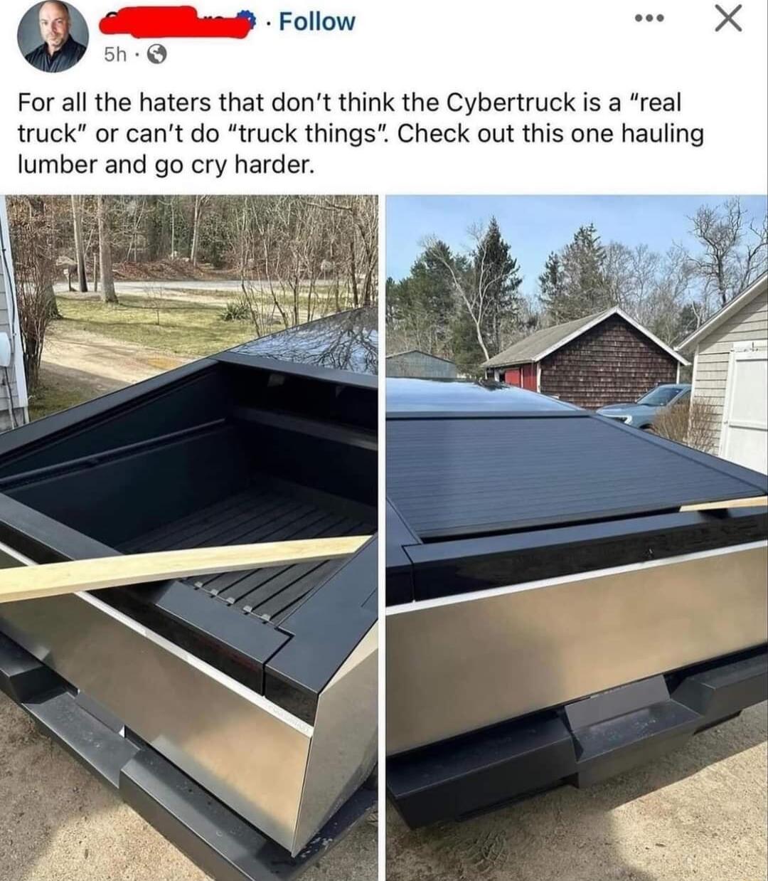 For all the haters that dont think the Cybertruck is a real truck or cant do truck things Check out this one hauling lumber and go cry harder