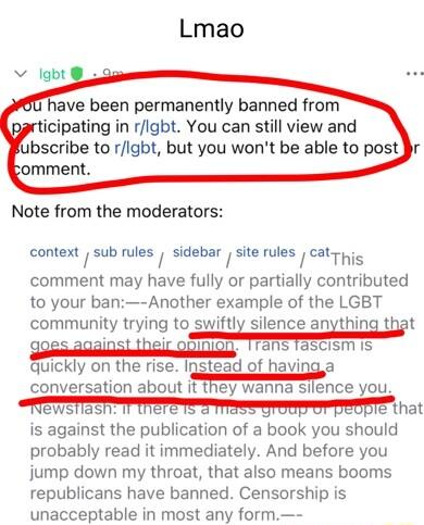 Lmao ave been permanently banned from licipating in rlgbt You can still view and ibscribe to rigbt but you wont be able to post jr ment Note from the moderators context sub rulss sinnhallsile rulnclt rhis comment may have fully or partially contributed to your ban Another example of the LGBT community trying to swmlx silence anxhina knt i il 17ans 1ascism IS quickly on the rise Instead of havinga 