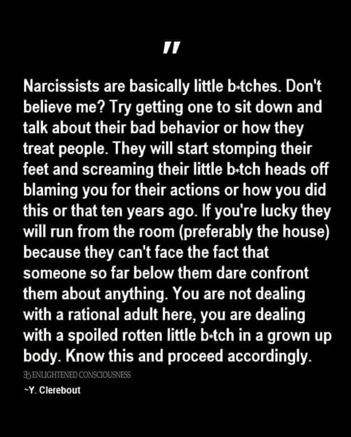 n Narcissists are basically little btches Dont believe me Try getting one to sit down and ENLE LN EEL L EW T T TR G Y treat people They will start stomping their IEEE N BT CELTRGETE Y G EEL Y IETUTT T RYCTTR T G T T Lo o T A VTCITIG this or that ten years ago If youre lucky they will run from the room preferably the house because they cant face the fact that someone so far below them dare confront