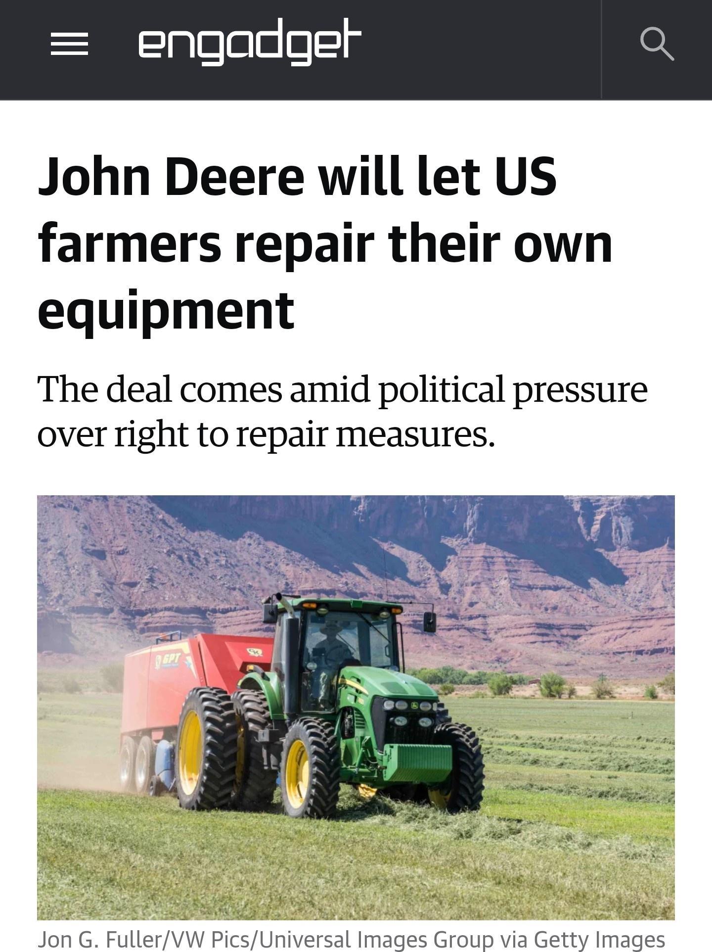 lplulaluuy e John Deere will let US farmers repair their own equipment The deal comes amid political pressure over right to repair measures Jon G FullerV