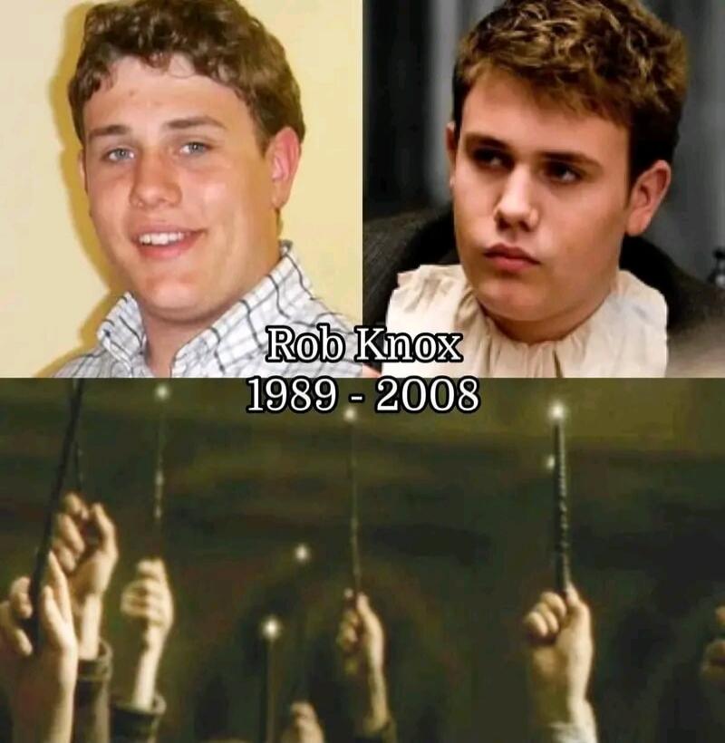 Rob Knox 1989 - 2008. This image is a tribute to Rob Knox, an actor known for playing Marcus Belby in the Harry Potter series, who tragically passed away in 2008. It features a split image of him in real life and as his character, followed by a scene from the Harry Potter films where wands are raised in a gesture of remembrance.