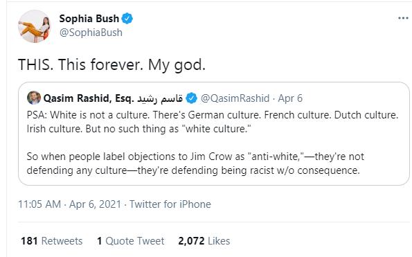 Sophia Bush SophiaBush THIS This forever My god Qasim Rashid Esq 1uis als QasimRashid Apr 6 PSA White s not a culture Theres German culture French culture Dutch culture Irish culture But no such thing as white culture So when people label objections to Jim Crow as anti whitetheyre not defending any culturethey re defending being racist wo consequence 1105 AM Apr 6 2021 Twitter for iPhone 181 Retwe