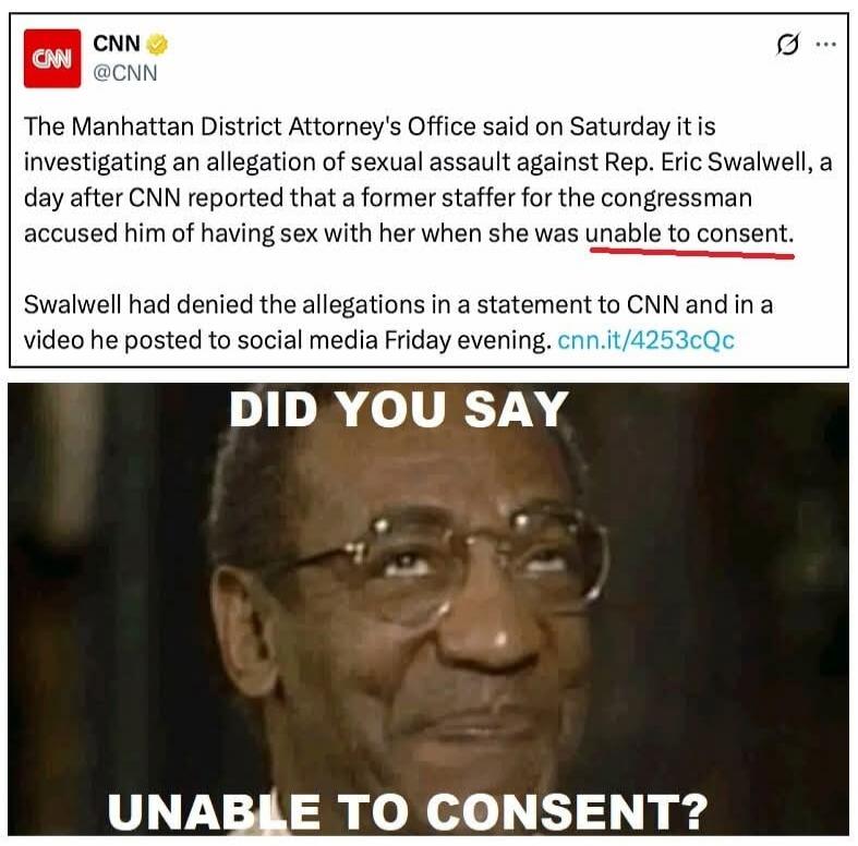 CNN @CNN The Manhattan District Attorney's Office said on Saturday it is investigating an allegation of sexual assault against Rep. Eric Swalwell, a day after CNN reported that a former staffer for the congressman accused him of having sex with her when she was unable to consent. Swalwell had denied the allegations in a statement to CNN and in a vi