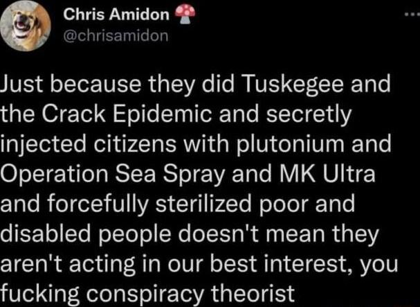 Chris Amidon chrisamidon JVIS o TTe IV ETSR 15V e I IVE Y T e the Crack Epidemic and secretly injected citizens with plutonium and Operation Sea Spray and MK Ultra Z1aTe R eTeI Y V VAS 1 P2Ye N eTeTo T ol oIEE o STe WoTcTel ol Ne ol s R i ST R 3 53 arent acting in our best interest you fucking conspiracy theorist