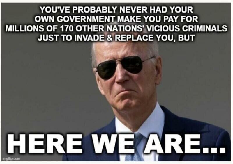 YOU'VE PROBABLY NEVER HAD YOUR OWN GOVERNMENT MAKE YOU PAY FOR MILLIONS OF 170 OTHER NATIONS' VICIOUS CRIMINALS JUST TO INVADE & REPLACE YOU, BUT HERE WE ARE...