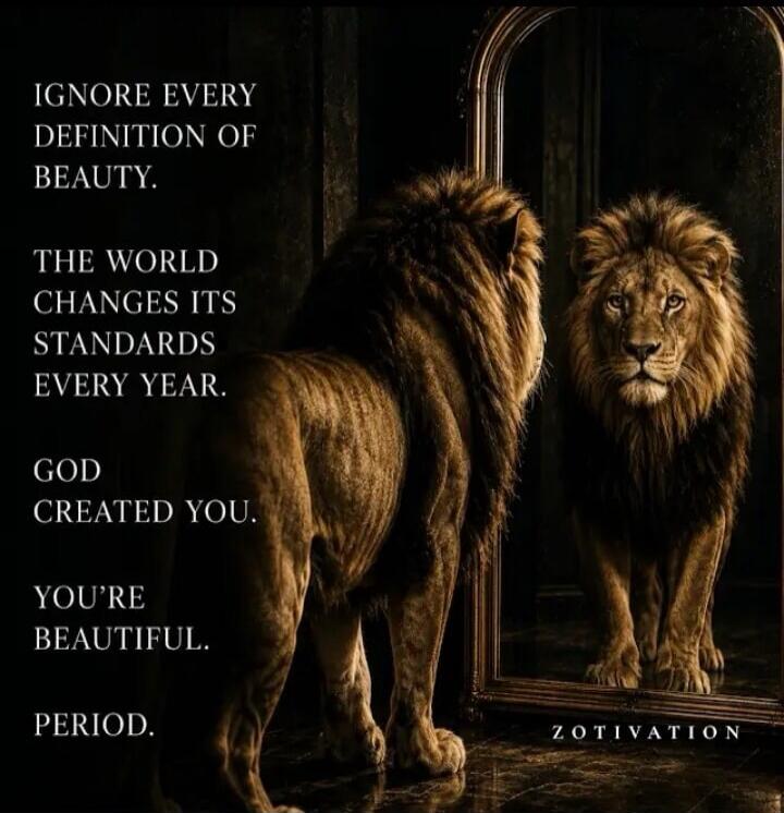IGNORE EVERY DEFINITION OF BEAUTY. THE WORLD CHANGES ITS STANDARDS EVERY YEAR. GOD CREATED YOU. YOU'RE BEAUTIFUL. PERIOD. ZOTIVATION
